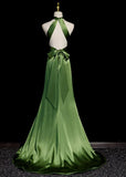 Green Halter Satin Long Wedding Party Dress, Green Evening Dress Prom Dress