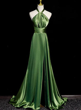 Green Halter Satin Long Wedding Party Dress, Green Evening Dress Prom Dress