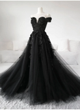 Black Off Shoulder Lace and Tulle Party Dress, Black Long Formal Dress Prom Dress