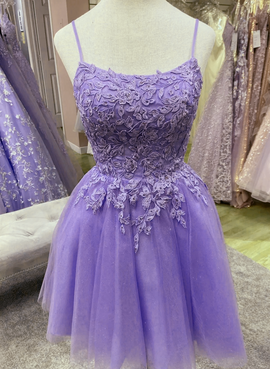 Cute Purple Straps Tulle Short Party Dress, Purple Lace Applique Homecoming Dress