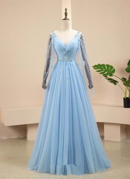 Pretty Light Blue A-line Puffy Sleeves Party Dress, Light Blue Evening Dress Prom Dress