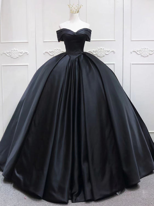 Black Satin Ball Gown Sweetheart Long Formal Dress, Black Sweet 16 Dress