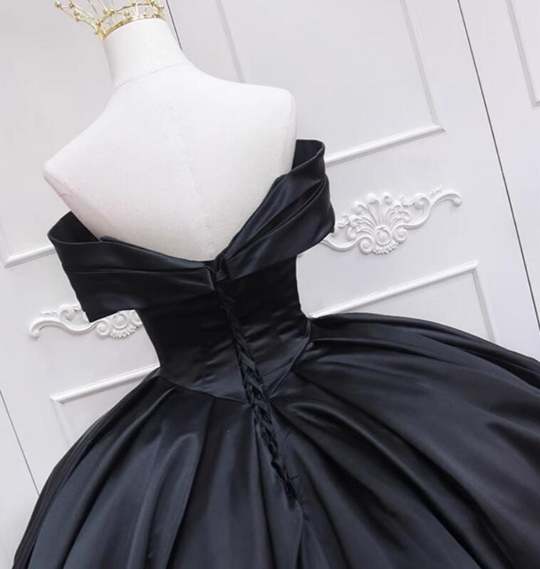 Black Satin Ball Gown Sweetheart Long Formal Dress, Black Sweet 16 Dress