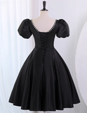 Black Satin Short Sleeves Homecoming Dress, Black Short Prom Dress