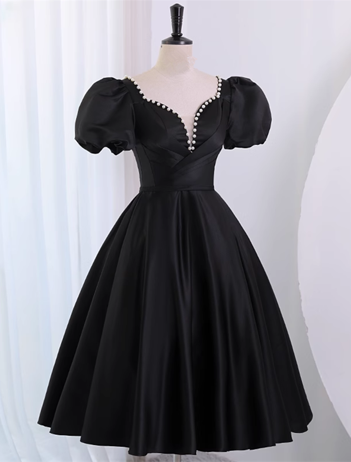 Black Satin Short Sleeves Homecoming Dress, Black Short Prom Dress