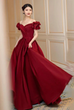 Wine Red Satin Off Shoulder Sweetheart Long Evening Dress, Wine Red A-line Prom Dress