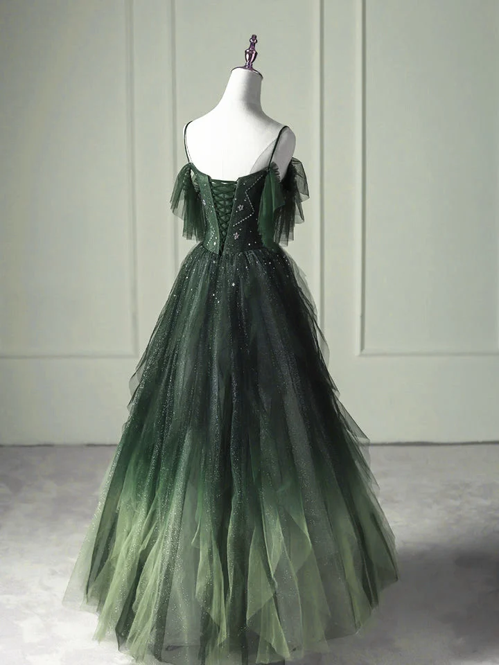 Green Gradient Tulle A-line Long Formal Dress, Green Beaded Straps Party Dress Prom Dress