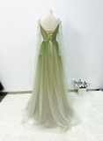 Lovely Green A-line Tulle Gradient Long Sleeves Evening Dress, Green A-line Long Prom Dress