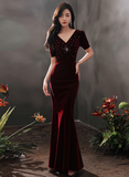 Wine Red Velvet Mermaid Short Sleeves Party Dress, Wine Red Long Evening Dress Prom Dress