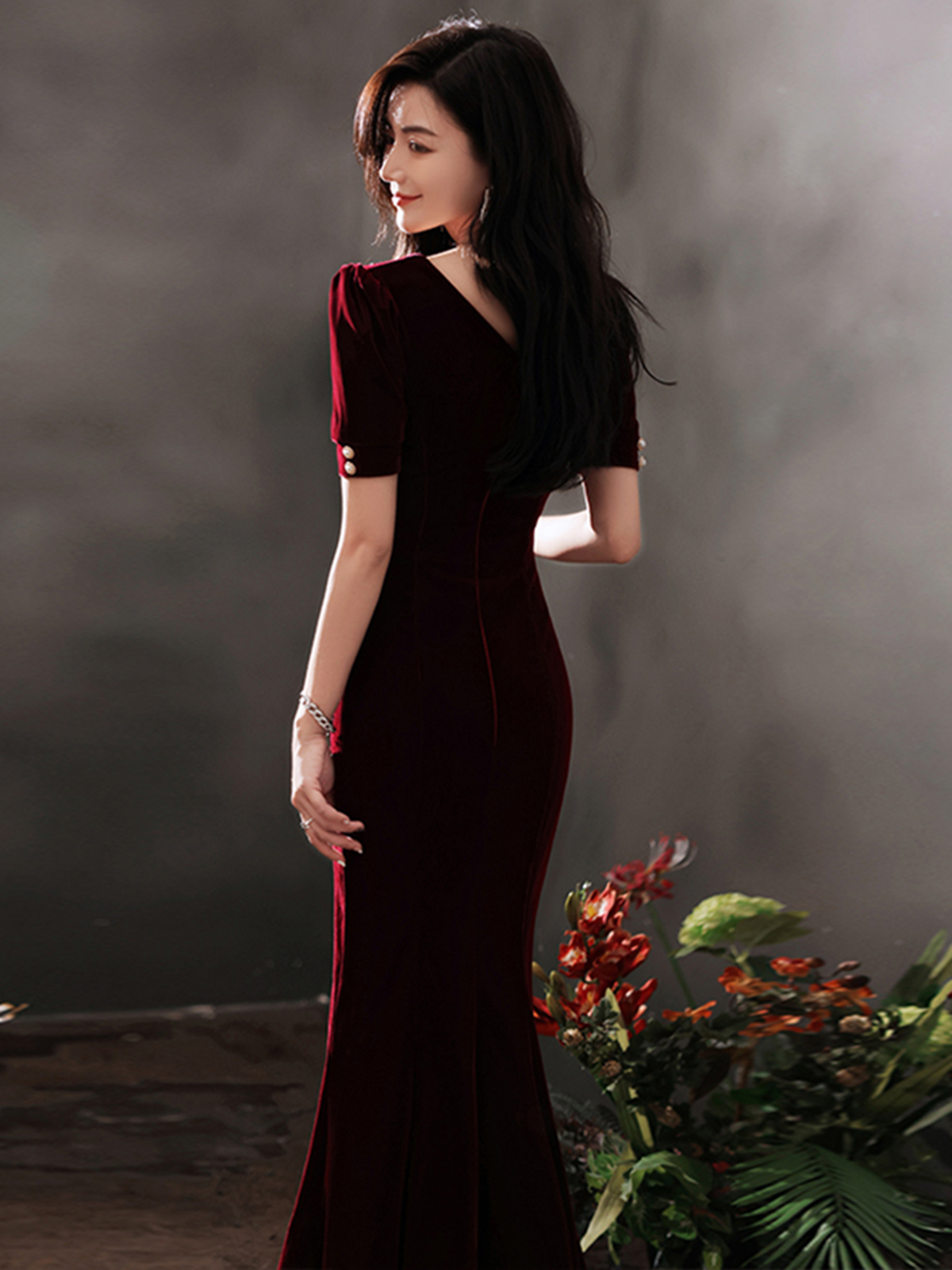 Wine Red Velvet Mermaid Short Sleeves Party Dress, Wine Red Long Evening Dress Prom Dress