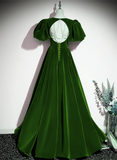 Green A-line Velvet Backless Long Party Dress, Green Short Sleeves Formal Dress Prom Dress