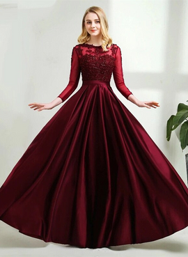 Burgundy Satin and Lace Long Sleeves Party Dress, Burgundy Evening Dress Prom Dress