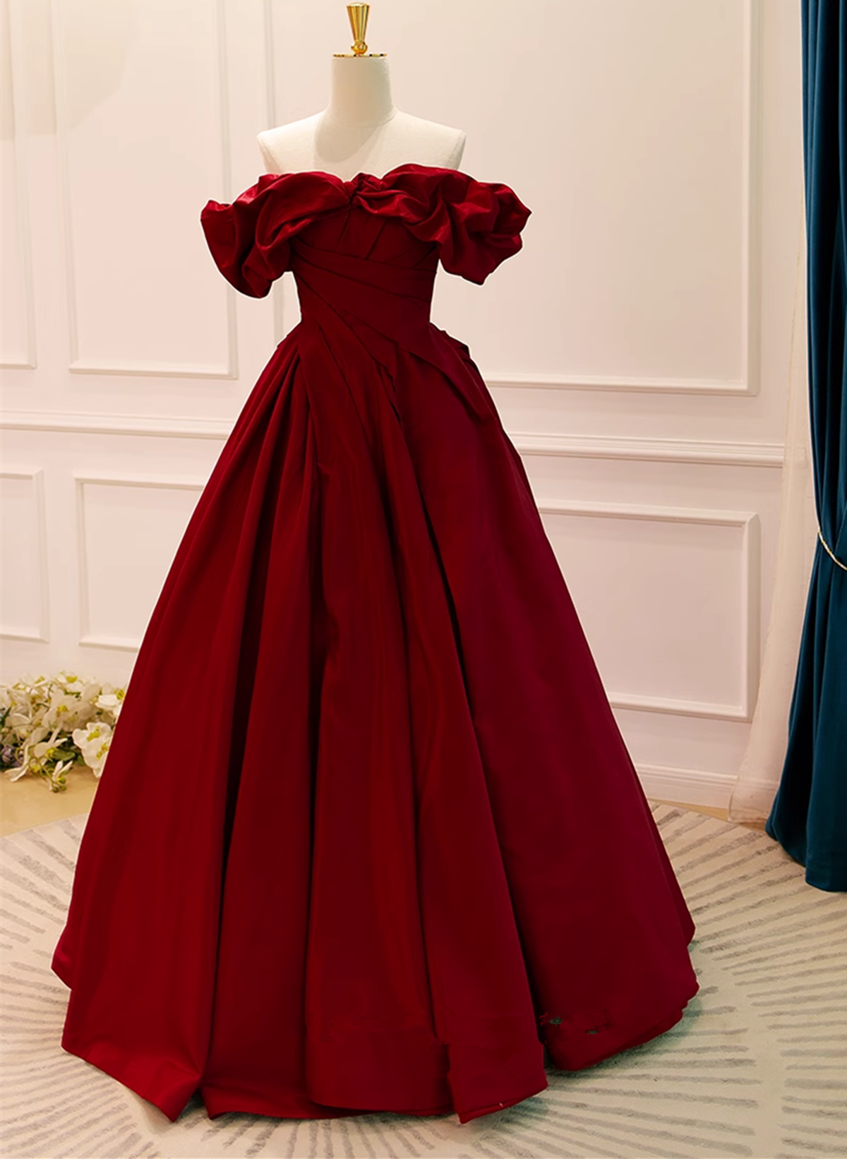 Wine Red Satin Off Shoulder Chic Long Party Dress, Wine Red Sweetheart Prom Dress