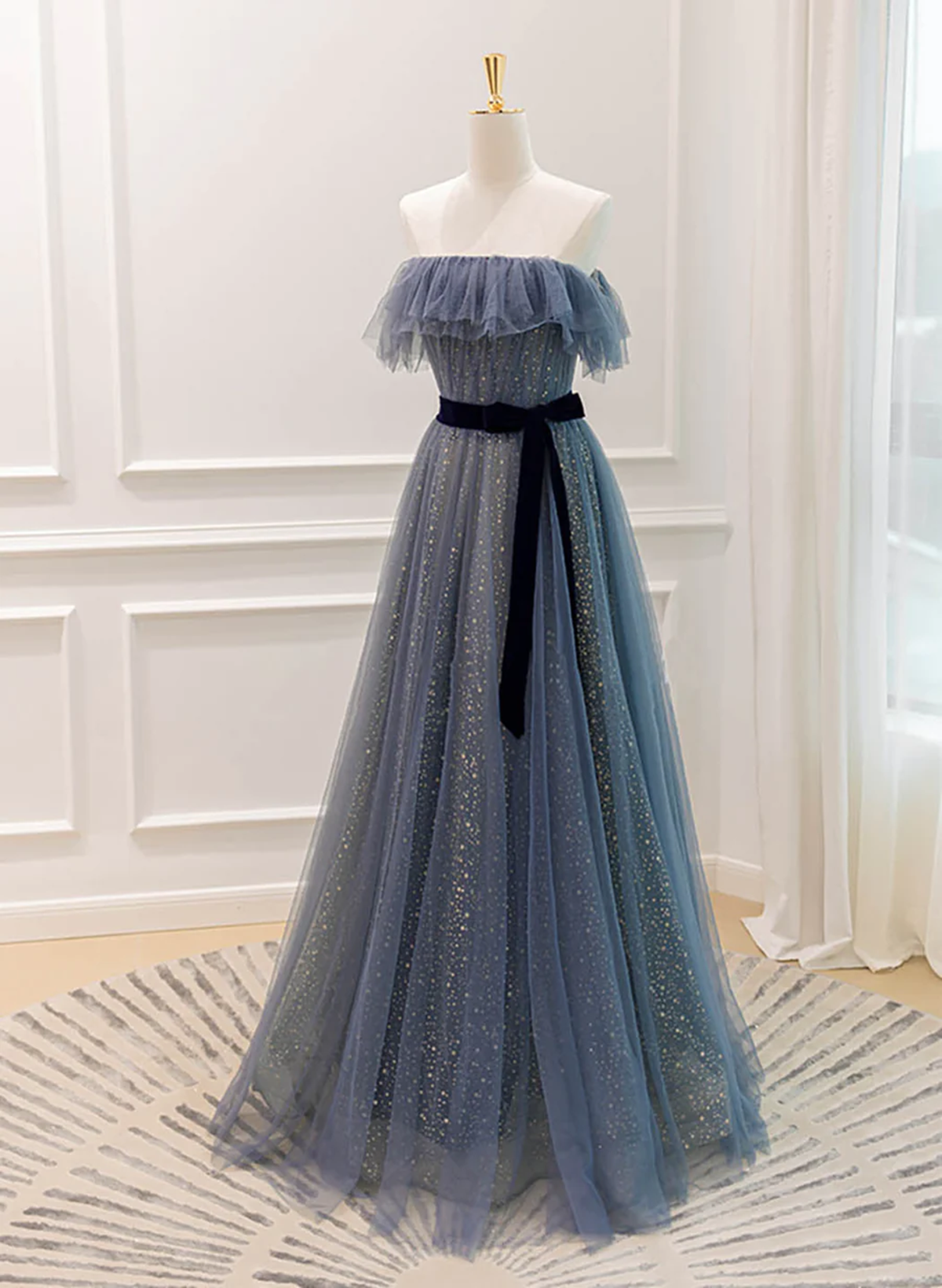 Lovely Blue A-line Shiny Tulle Sweetheart Party Dress, Blue Long Formal Dress Prom Dress