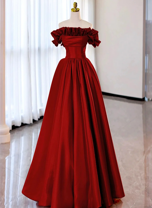 Wine Red Satin Long Prom Dress Party Dress, Wine Red A-line Long Wedding Party Dress