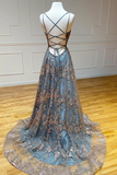 Charming V-necklineTulle Sequins Long Prom Dress, V-Neck Backless Formal Dress