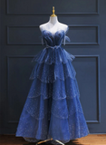 Blue Tulle Beaded Long Senior Prom Dress, A-Line Layers Beaded Long Evening Party Dress