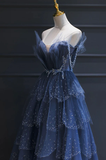 Blue Tulle Beaded Long Senior Prom Dress, A-Line Layers Beaded Long Evening Party Dress