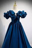 Blue Satin Long Off Shoulder A-line Prom Dress, Blue Sweetheart Evening Dress