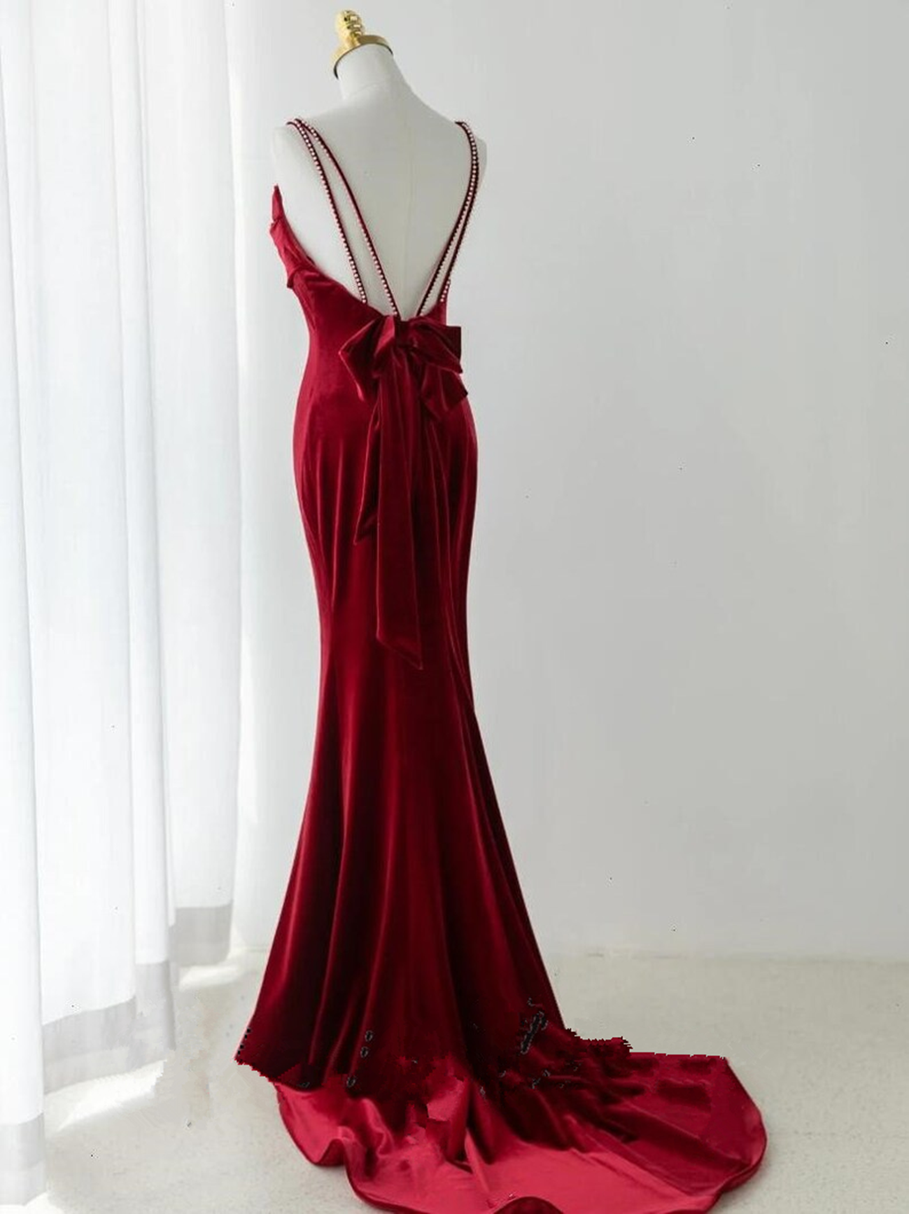 Mermaid Scoop Velvet Long Party Dress, Wine Red Velvet Long Prom Dress Evening Dress