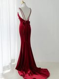 Mermaid Scoop Velvet Long Party Dress, Wine Red Velvet Long Prom Dress Evening Dress