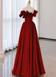 Wine Red Satin Long Prom Dress Party Dress, Wine Red A-line Long Wedding Party Dress