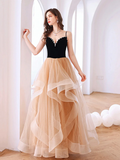 Champagne A-line Tulle and Black Beaded Long Party Dress, V-neckline Prom Dress