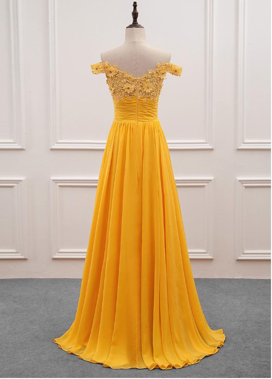 Lovely Yellow Chffion Off Shoulder Tulle with Lace Party Dress, A-line Yellow Prom Dress