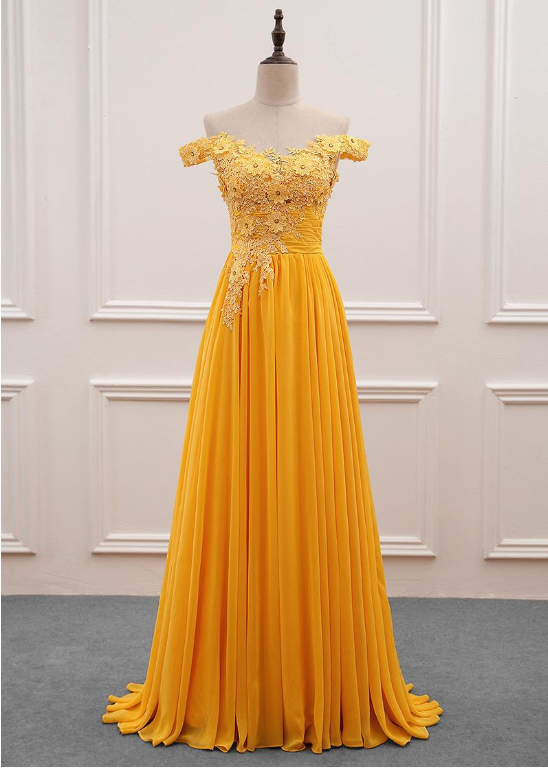 Lovely Yellow Chffion Off Shoulder Tulle with Lace Party Dress, A-line Yellow Prom Dress