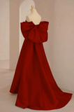 Cute Wine Red Satin Off Shoulder Long Party Dress with Bow, Wine Red Prom Dress