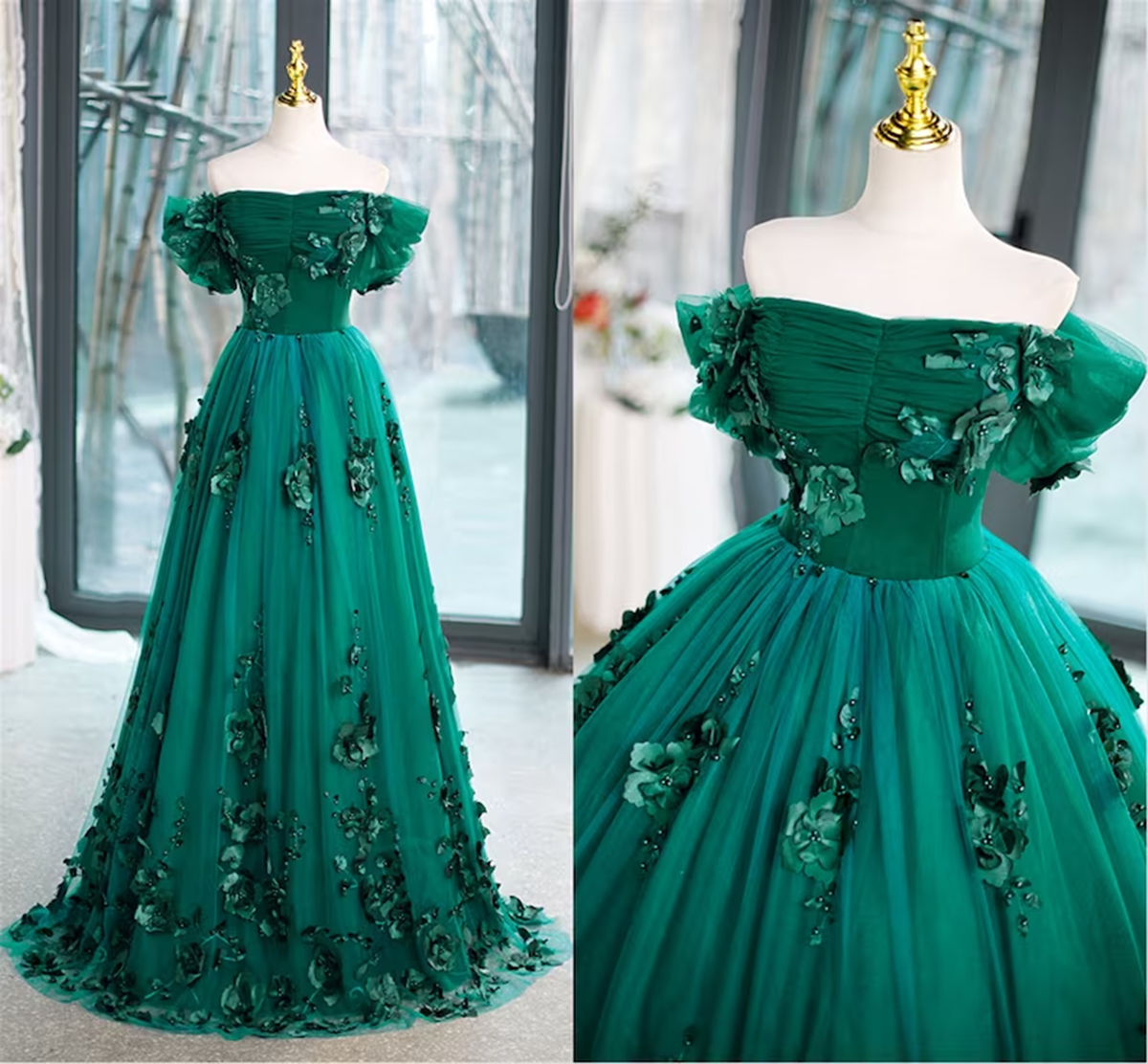 Green Off Shouldr Ball Gown Flowers Tulle Formal Dress, Green Floor Length Party Dress