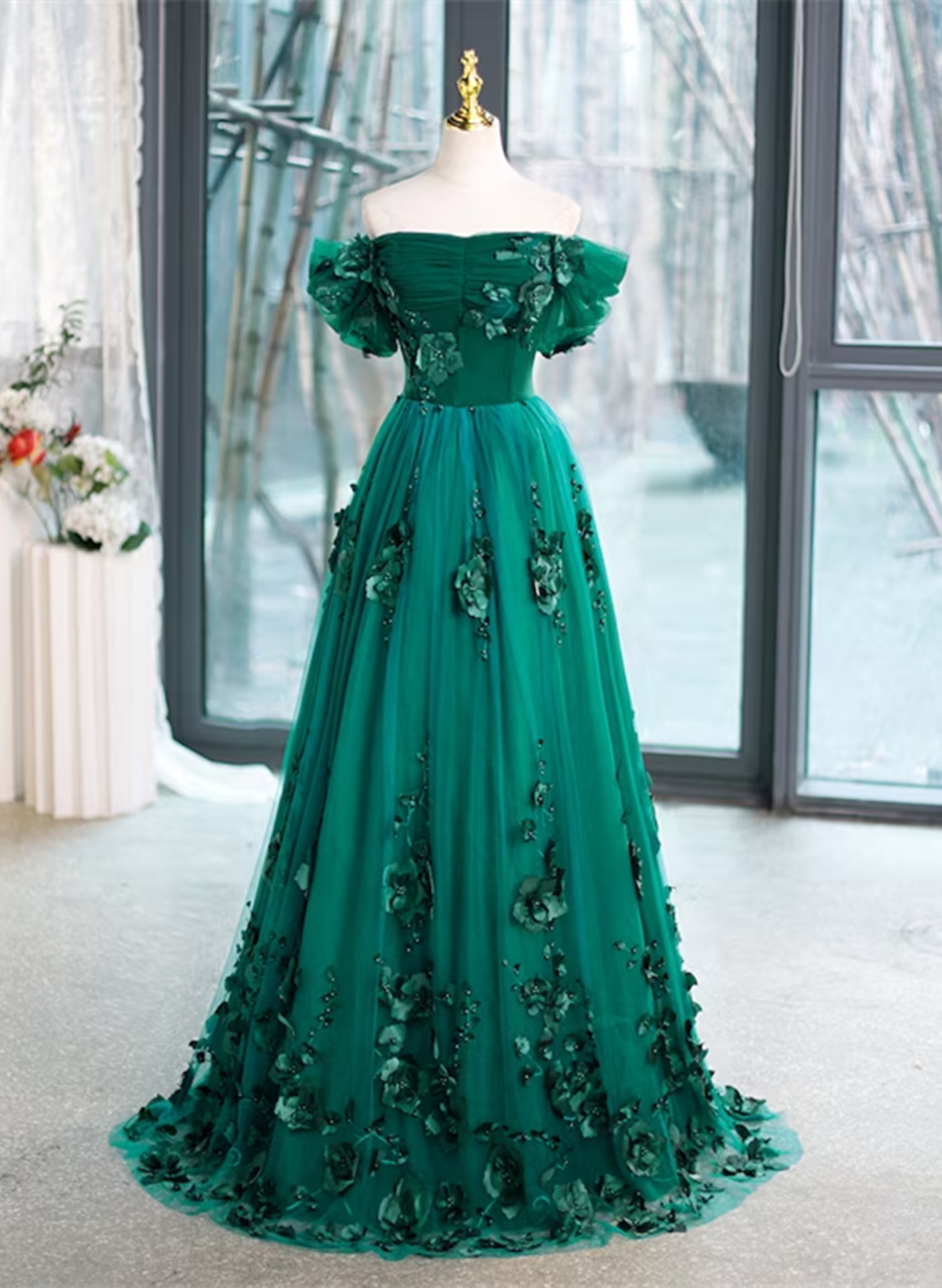 Green Off Shouldr Ball Gown Flowers Tulle Formal Dress, Green Floor Le