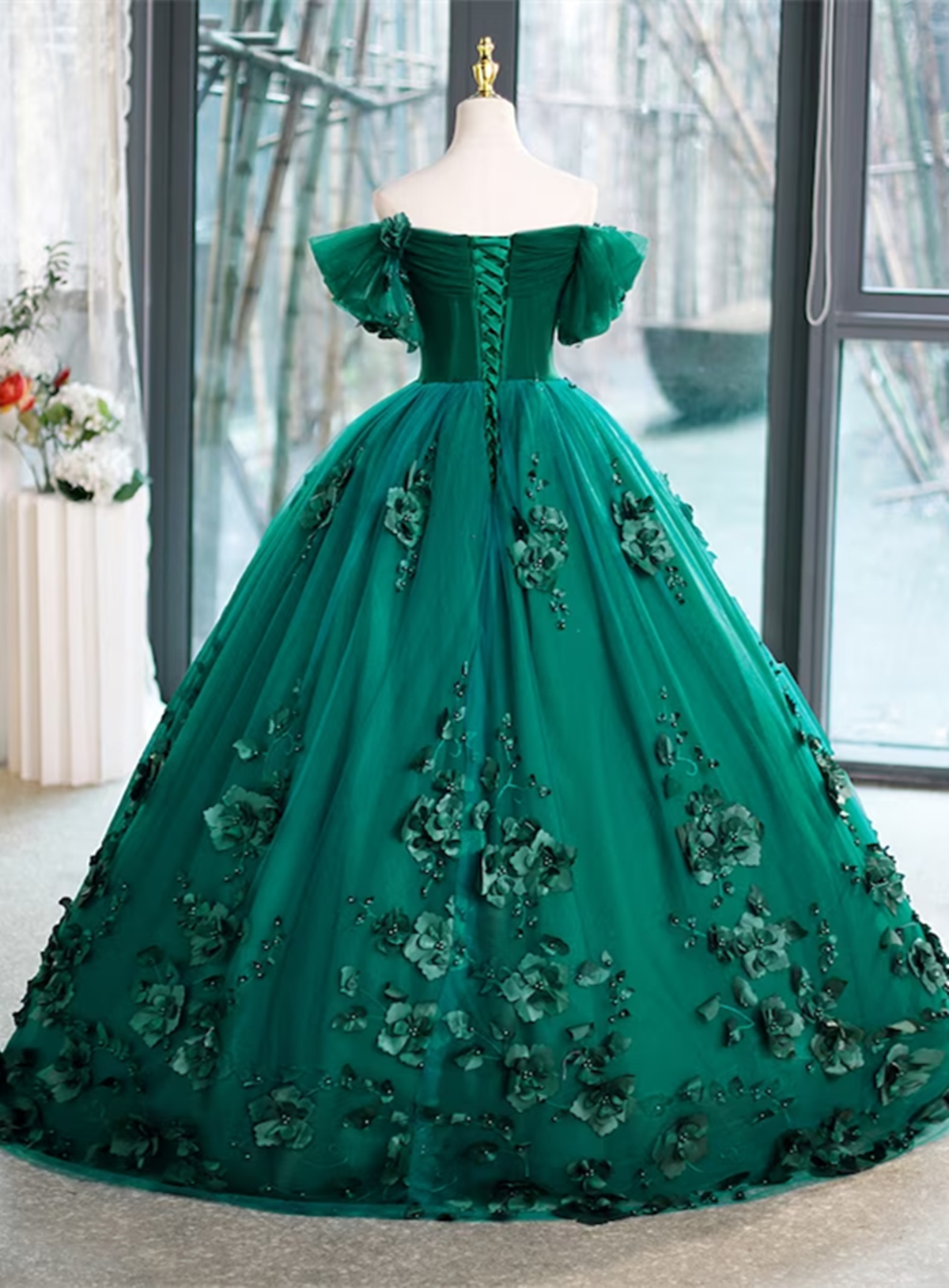 Green Off Shouldr Ball Gown Flowers Tulle Formal Dress, Green Floor Length Party Dress