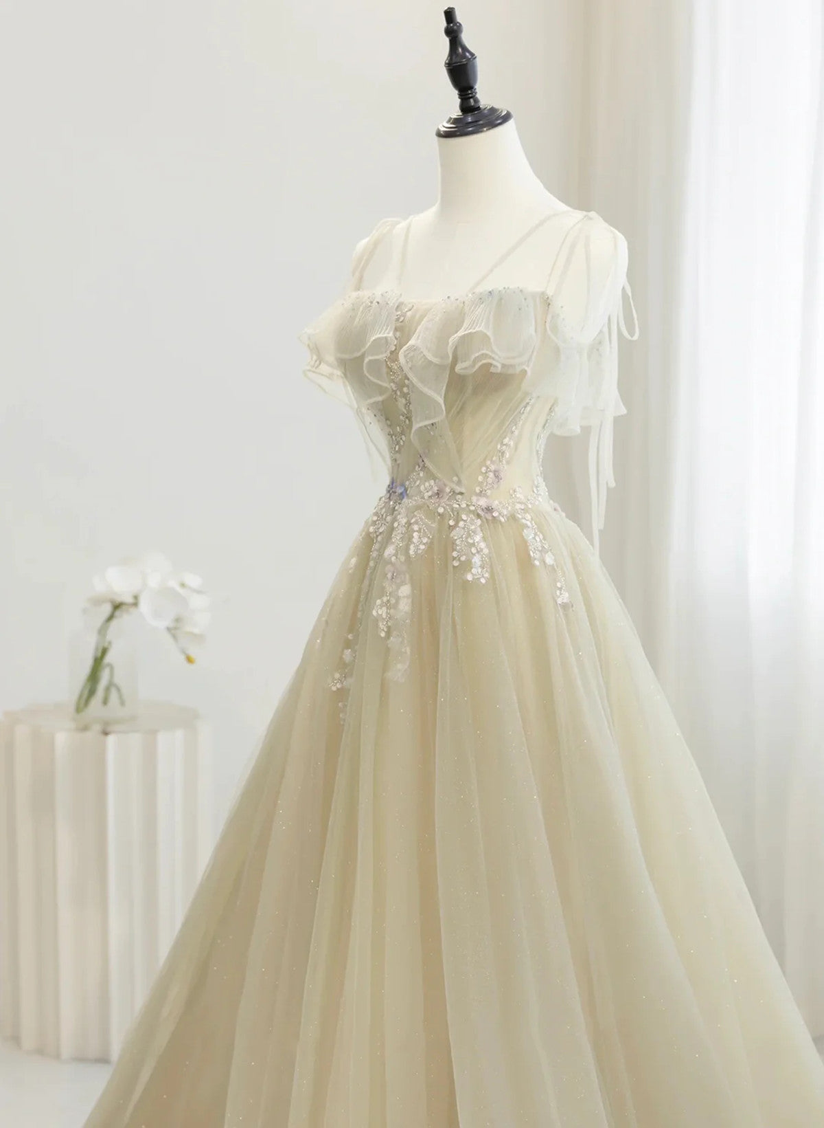 A-line Tulle Straps Beaed Lace Long Formal Dress, Tulle Evening Dress Prom Dress