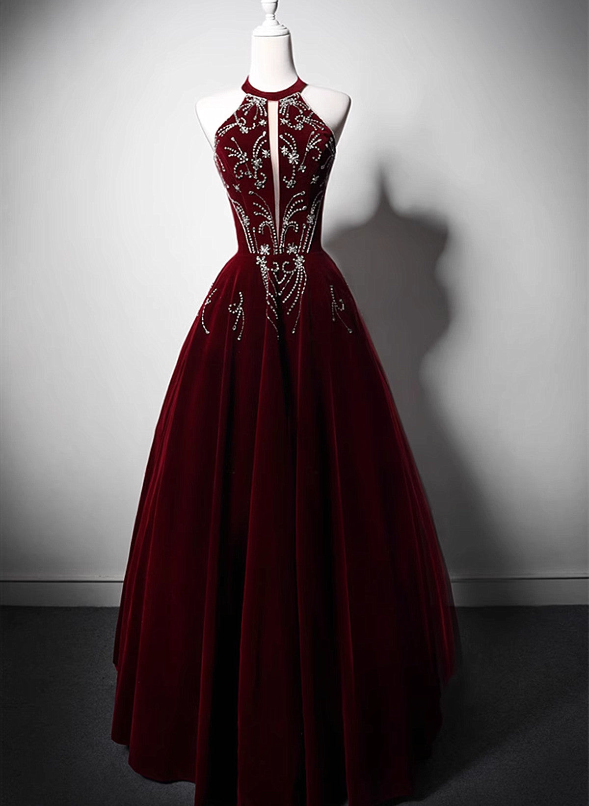 Beautiful Wine Red Velvet Long Evening Dress, Beaded Wine Red Party Dress Formal Dress