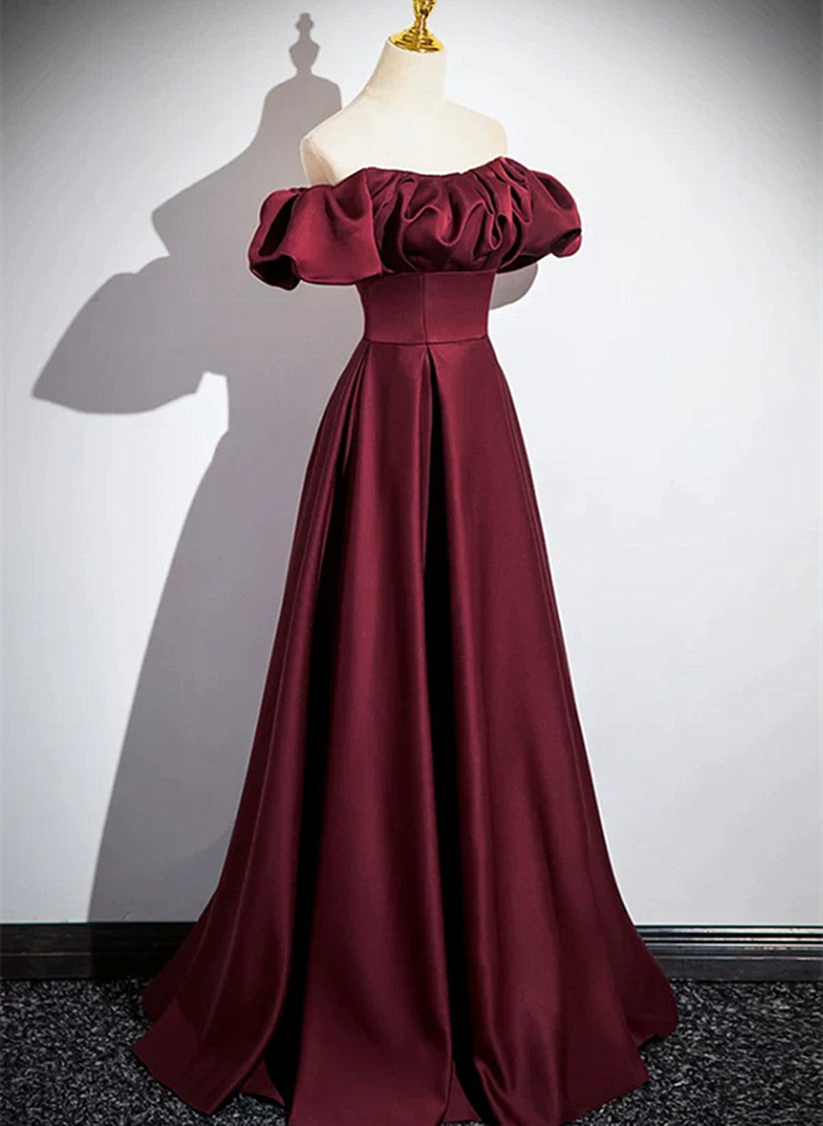 Wine Red Satin A-line Simple Off Shoulder Prom Dress, Wine Red Evening Dress