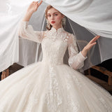 Ivory High Neckline Lace Puffy Sleeves Wedding Dress, Ivory Long Wedding Party Dress