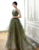 Green Tulle Beaded Straps Long Evening Dress, Green Tulle Prom Dress Party Dress