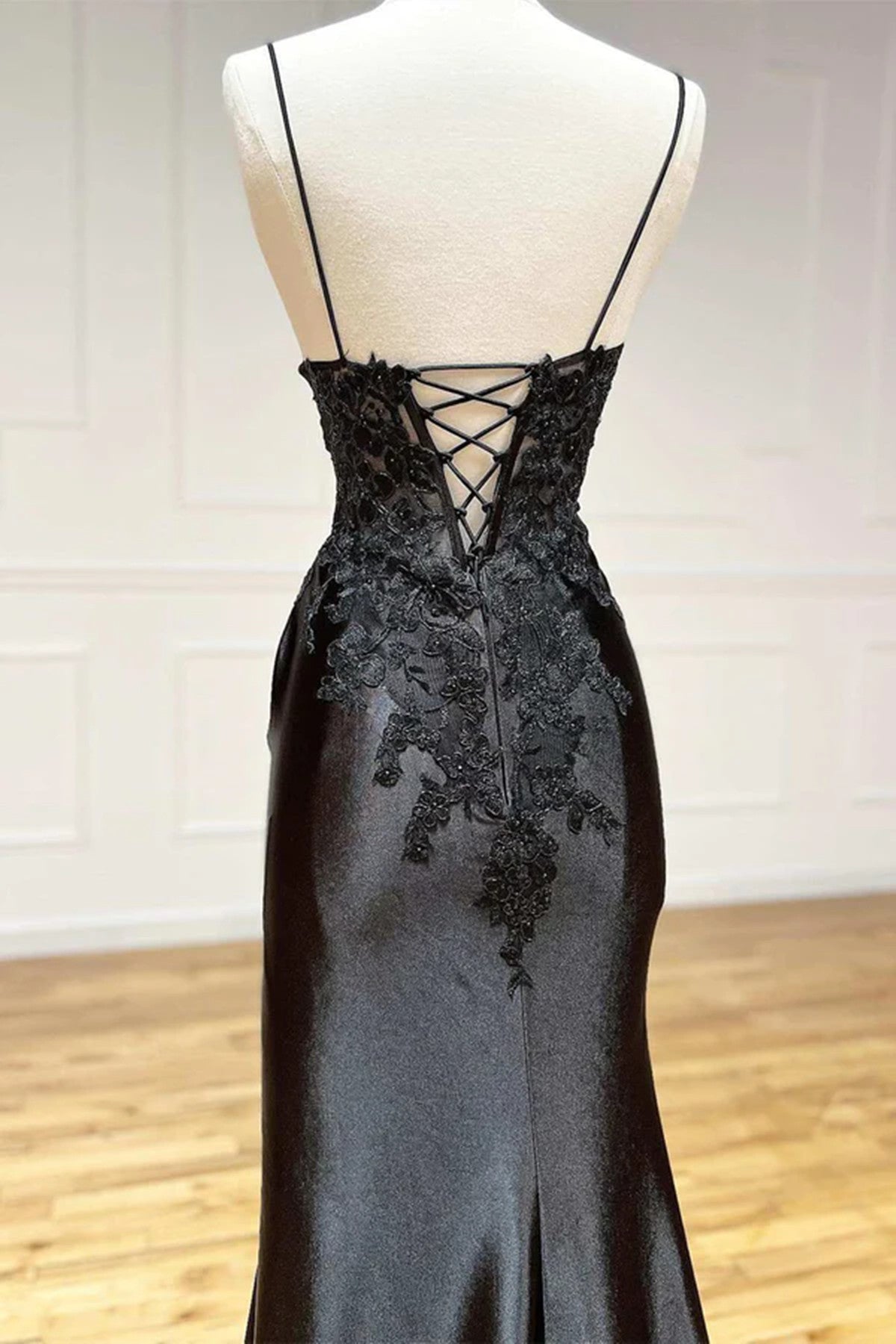 Black Long Satin with Lace Straps Long Party Dress, Black Evening Dres