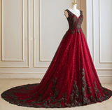 A-line Black and Red Tulle with Lace Party Dress, Black and Red Formal Dress