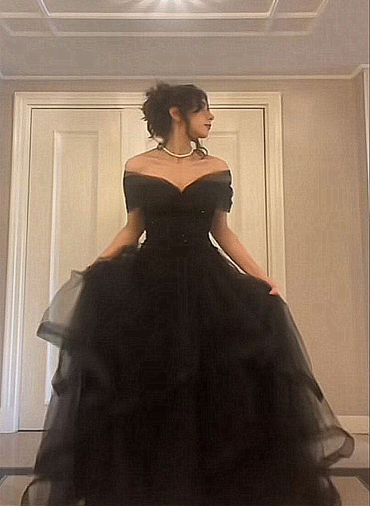 Black Tulle Floor Length Long Party Dress with Slit, Black Evening Dress main image 0