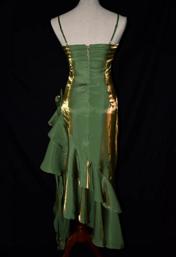 Green Satin Vintage Style High Low Party Dress, Mermaid Spaghetti Strap Dress Formal Dress