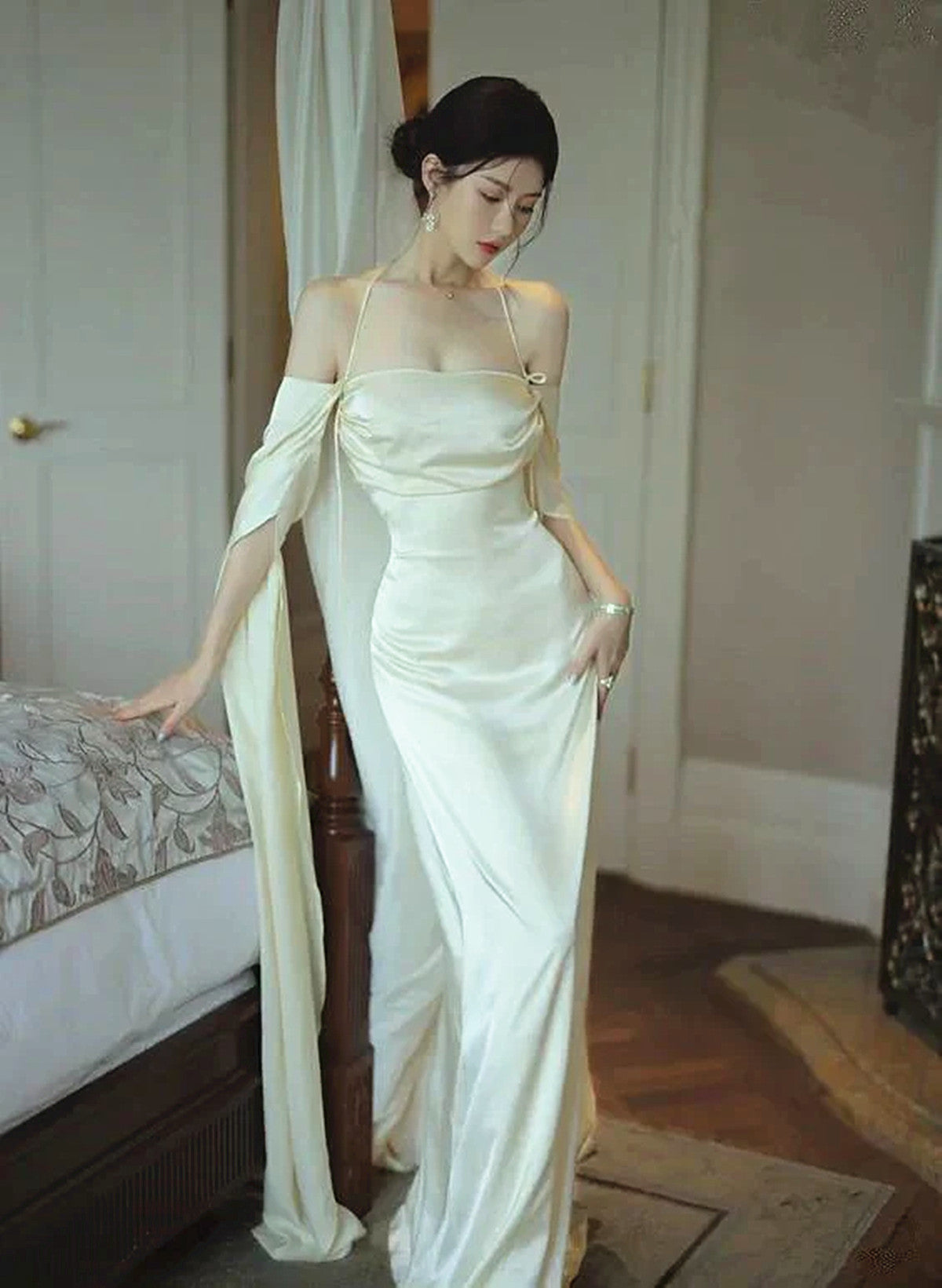 Ivory Satin Long Simple Evening Dress, Ivory Long Prom Dress Party Dress