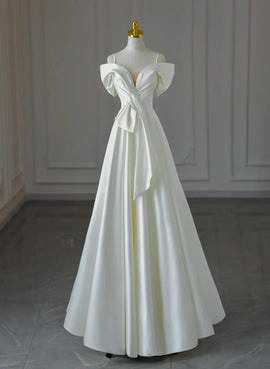 White Satin A-line Off Shoulder Evening Dress, White Satin Long Wedding Party Dress