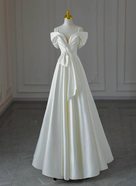 White Satin A-line Off Shoulder Evening Dress, White Satin Long Wedding Party Dress