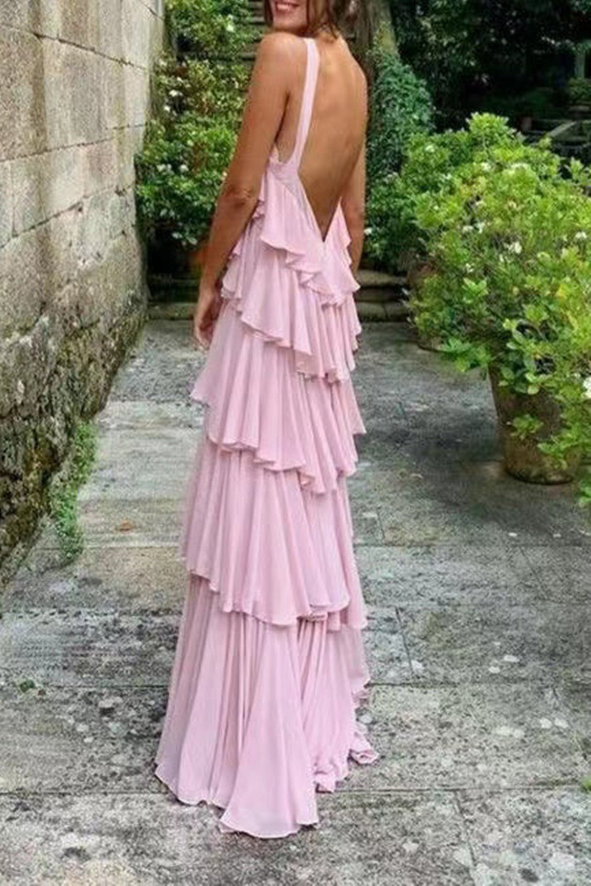 Cute A Line Straps Tiered Chiffon Long Prom Dress, Pink Bridesmaid Dress