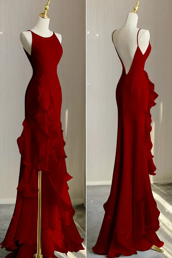 Wine Red Long Round Neckline Low Back, Wine Red Evening Dress Prom Dress