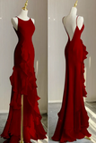 Wine Red Long Round Neckline Low Back, Wine Red Evening Dress Prom Dress