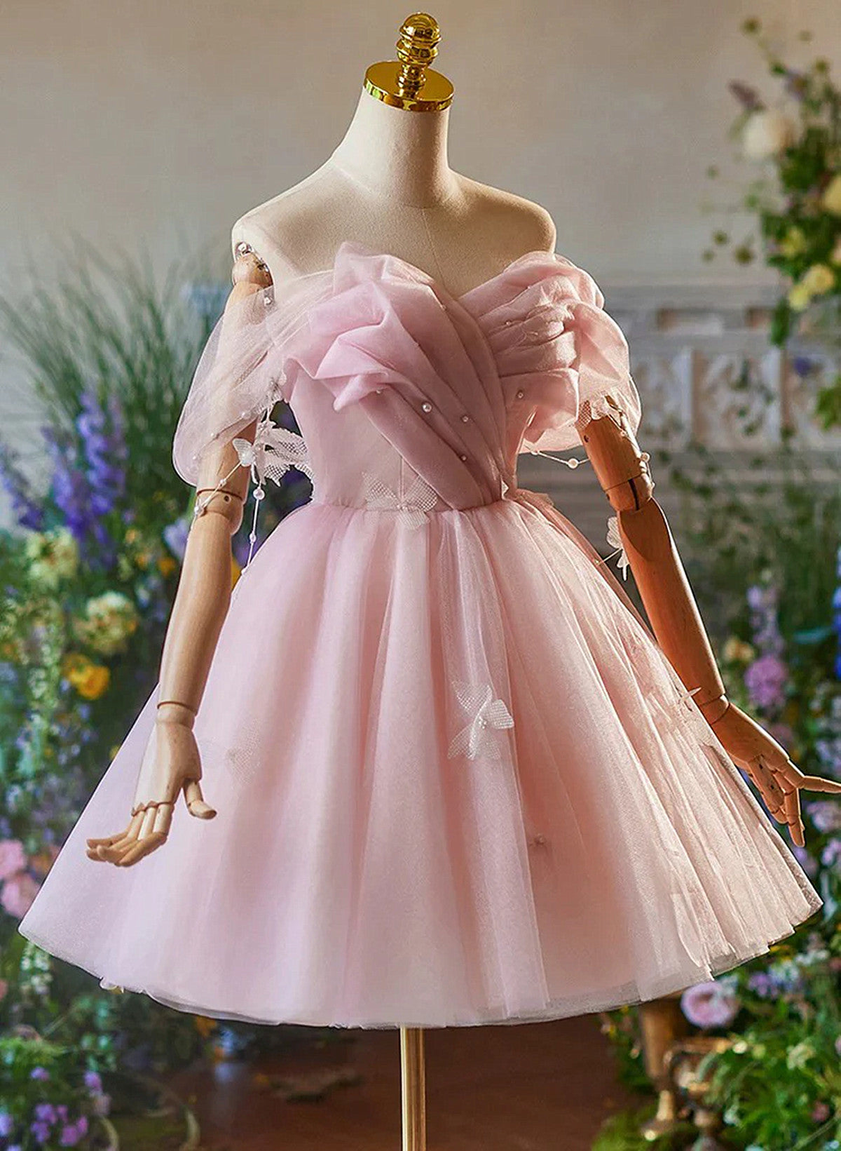 Cute Light Pink Off Shoulder Tulle Homecoming Dress, Pink Short Prom D
