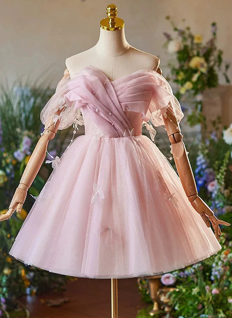 Cute Light Pink Off Shoulder Tulle Homecoming Dress, Pink Short Prom D